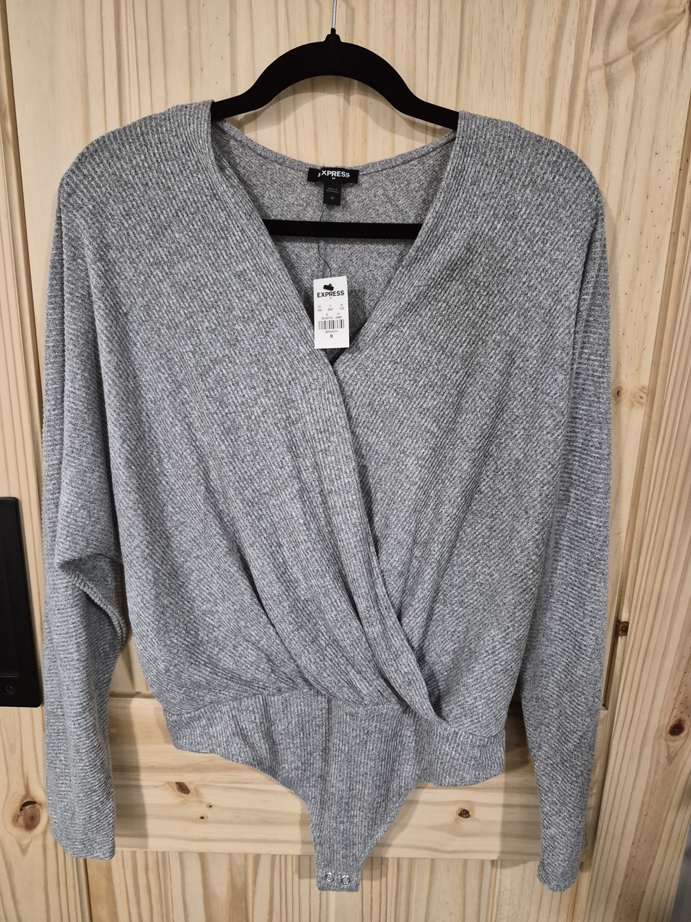 Express Heather Gray Wrap-Front V-Neck Bodysuit